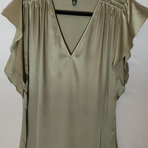 White House Black Market Olive Satin V-Neck Flutter Sleeve Top